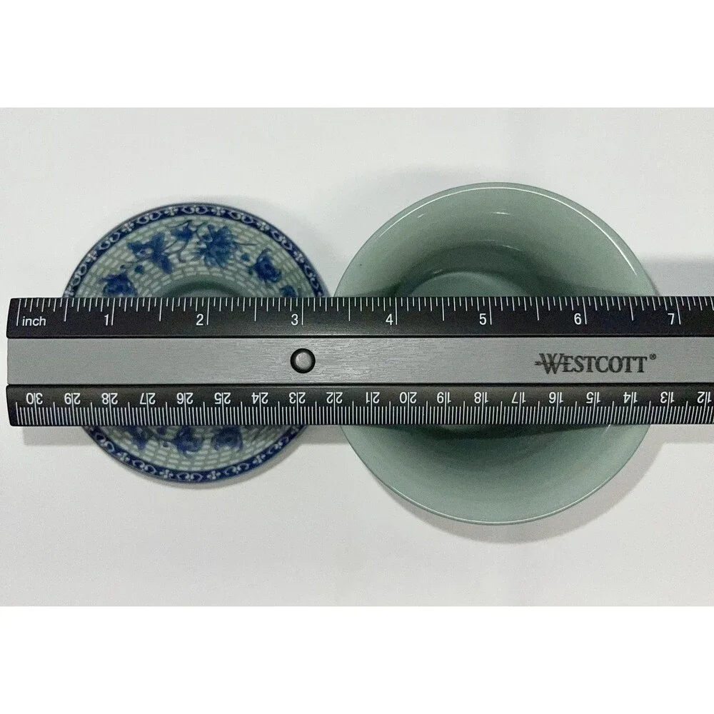 Vintage Bairuxue Art Ceramics Chinese Tea Set Blue Floral on Grey/Green-BOXED